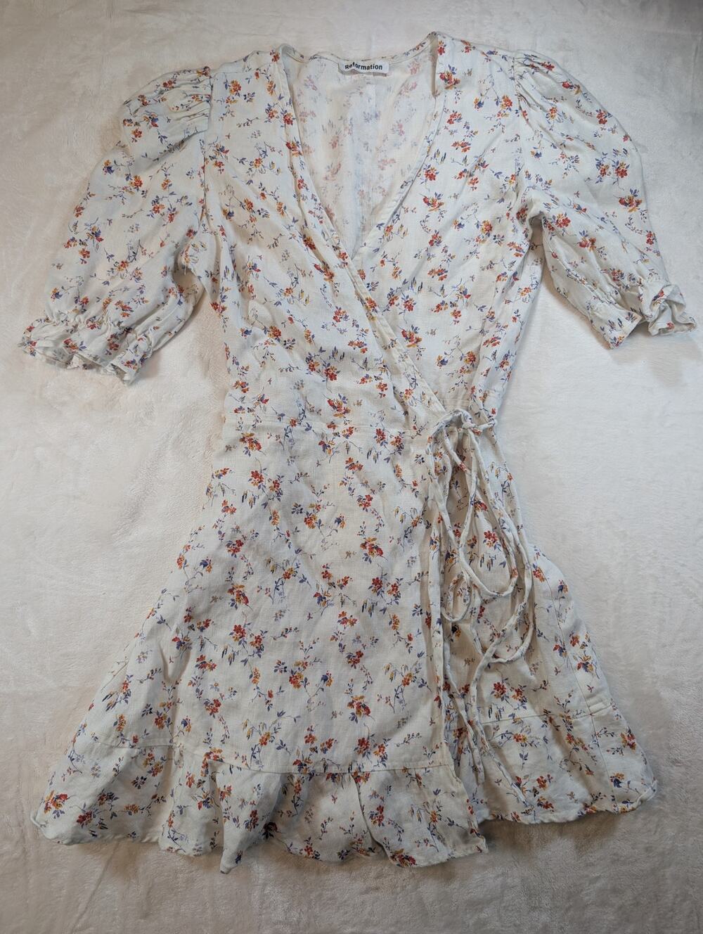 Reformation Floral Linen Wrap Dress Womens White Puff Sleeve Ruffle Mini Large